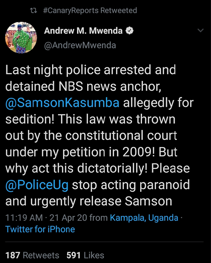 Mwenda Tweets Samson Arrest