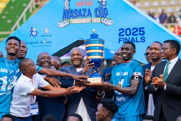 Winning coach Kawooya Felix Ssekabuuza reels away in celebration after guiding Buwekula to their maiden Masaza cup tittle 2025.