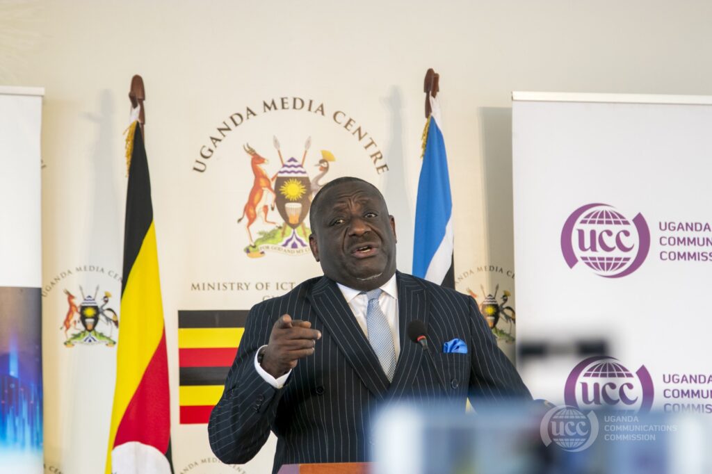 Uganda Communications Commission Executive Director Nyombi Thembo addressing media on internet shutdown rumors.
