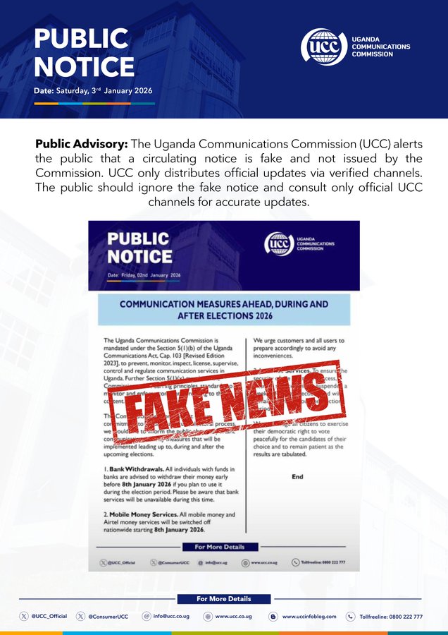 UCC public advisory warning Ugandans about a fake notice claiming bank, mobile money, and internet services would be shut down before the 2026 elections.